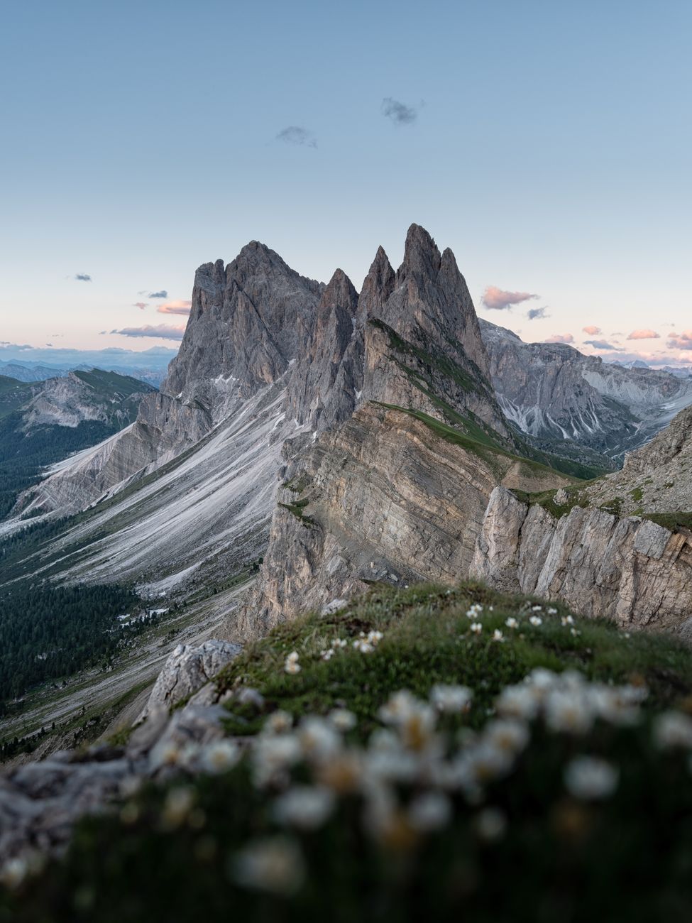 Early morning sun on jagged Dolomite mountain peaks
