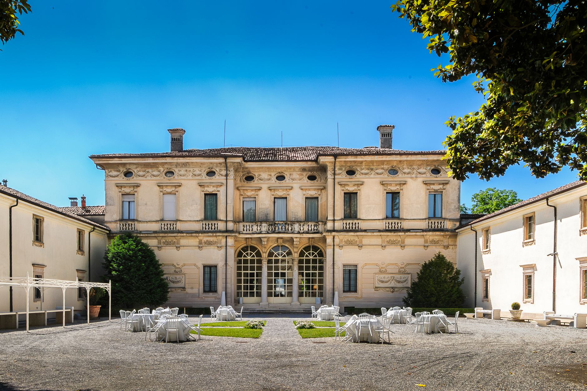 Historic stone hacienda or estate in morning sunlight